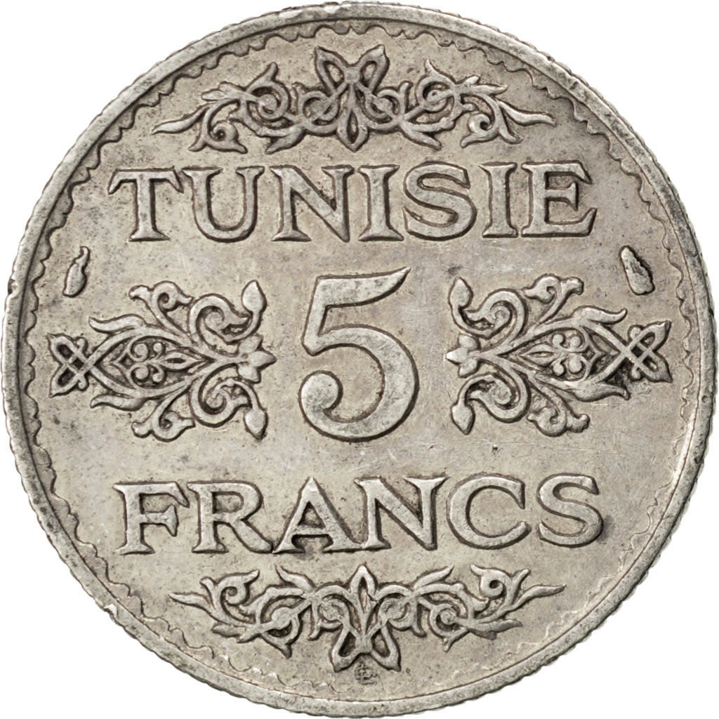 TUNISIA, 5 Francs, 1936, Paris, KM #261, AU(50-53), Silver, 4.96