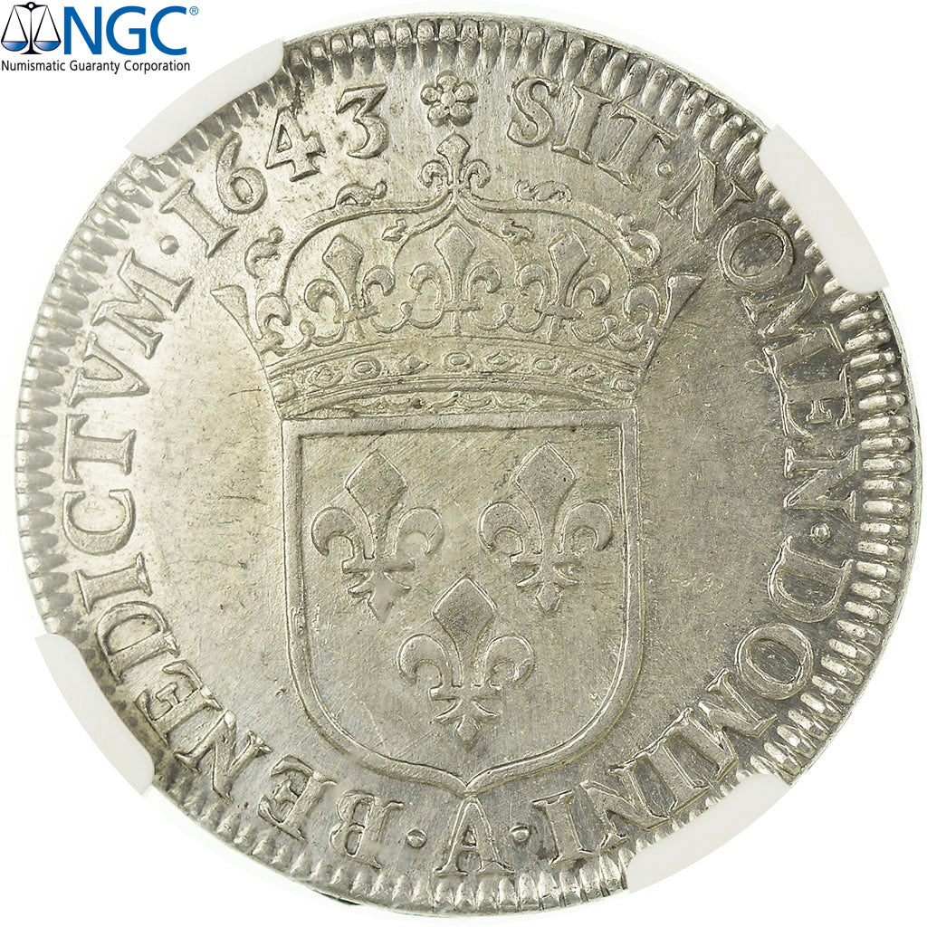 France, Louis XIII, 1/4 d'écu d'argent, 1643 Paris (rose), NGC UNC Details