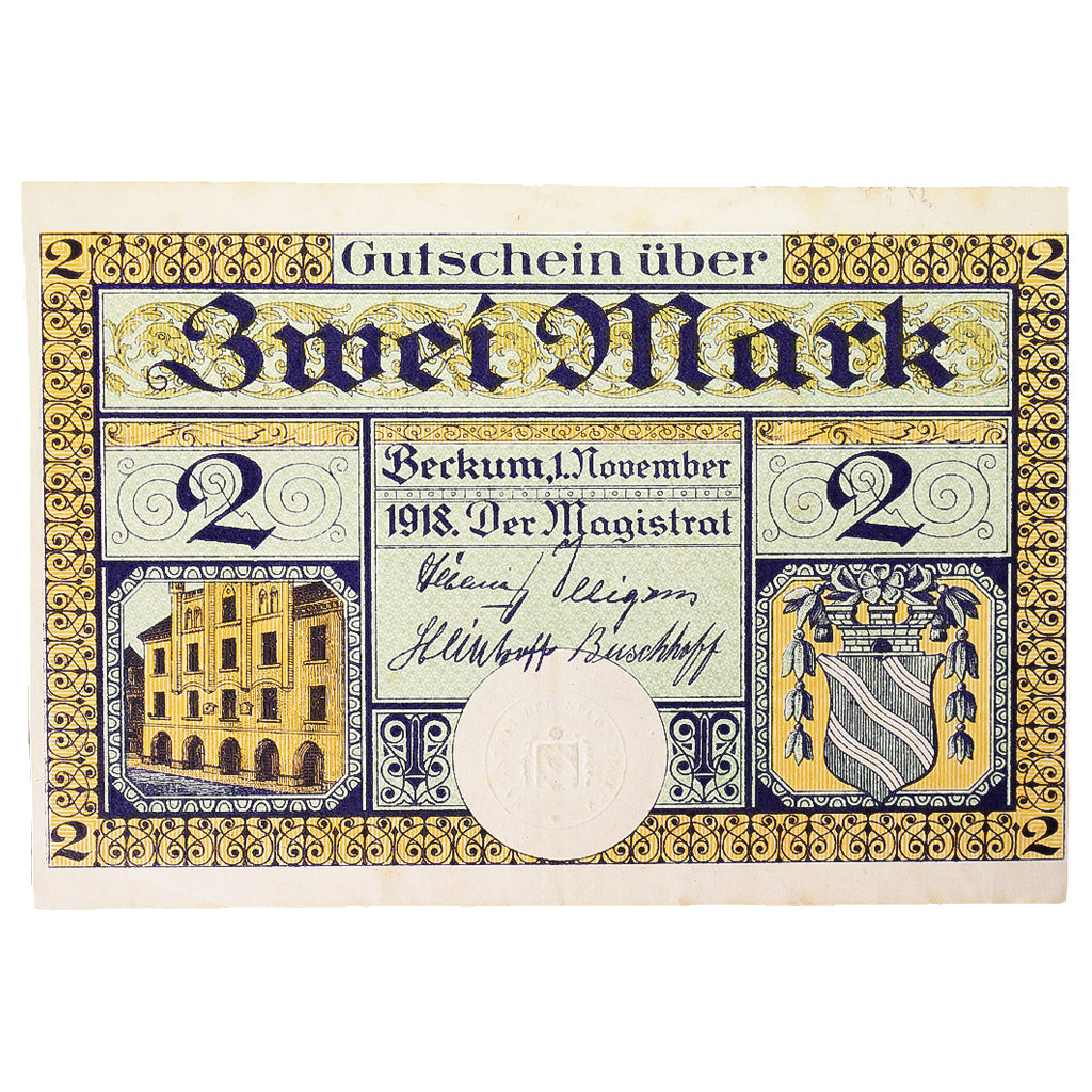 Banknote, Germany, Beckum Stadt, 2 Mark, personnage, 1918, UNC(60-62)