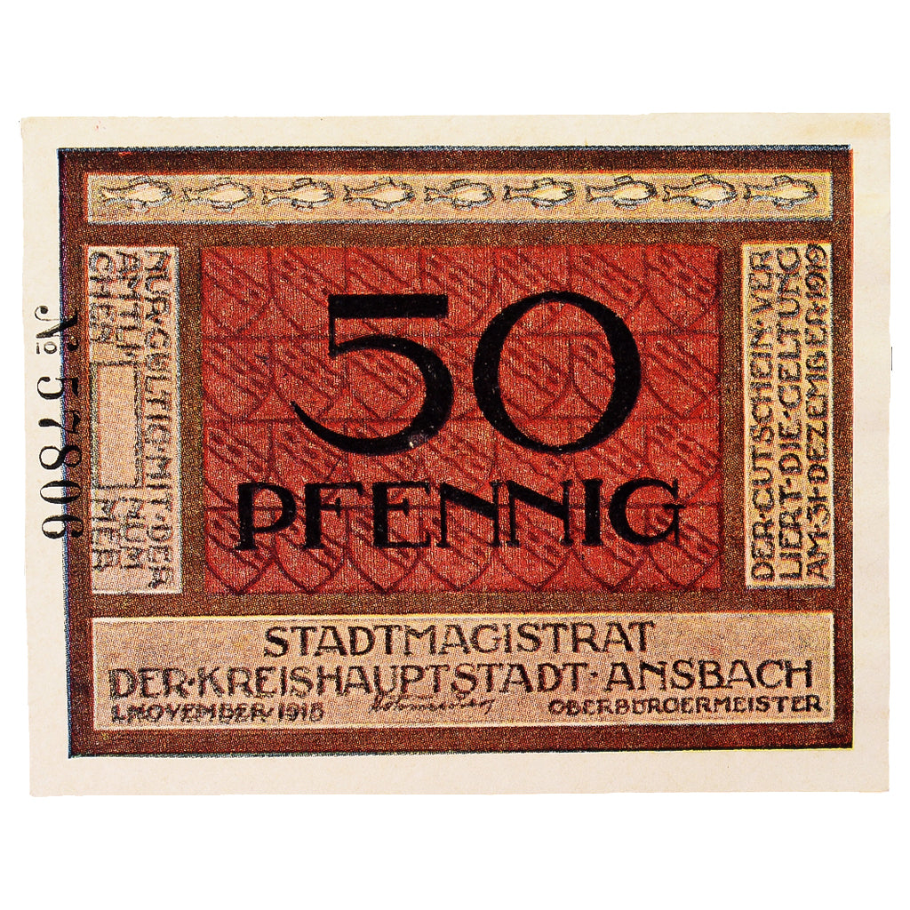 Banknote, Germany, Ansbach Stadt, 50 Pfennig, cavalier, 1919, 1919-12-31