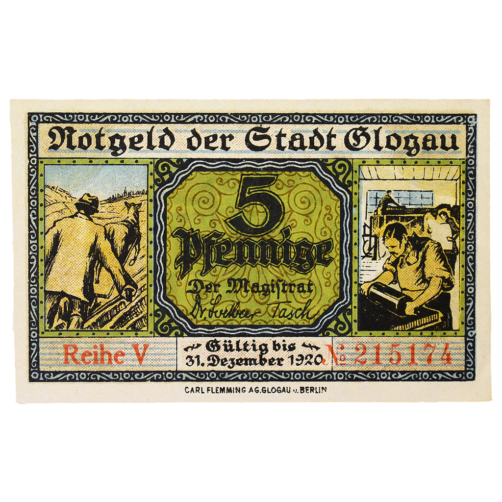 Banknote, Germany, Glogau Stadt, 5 Pfennig, batiment 1, 1920, 1920-12-31