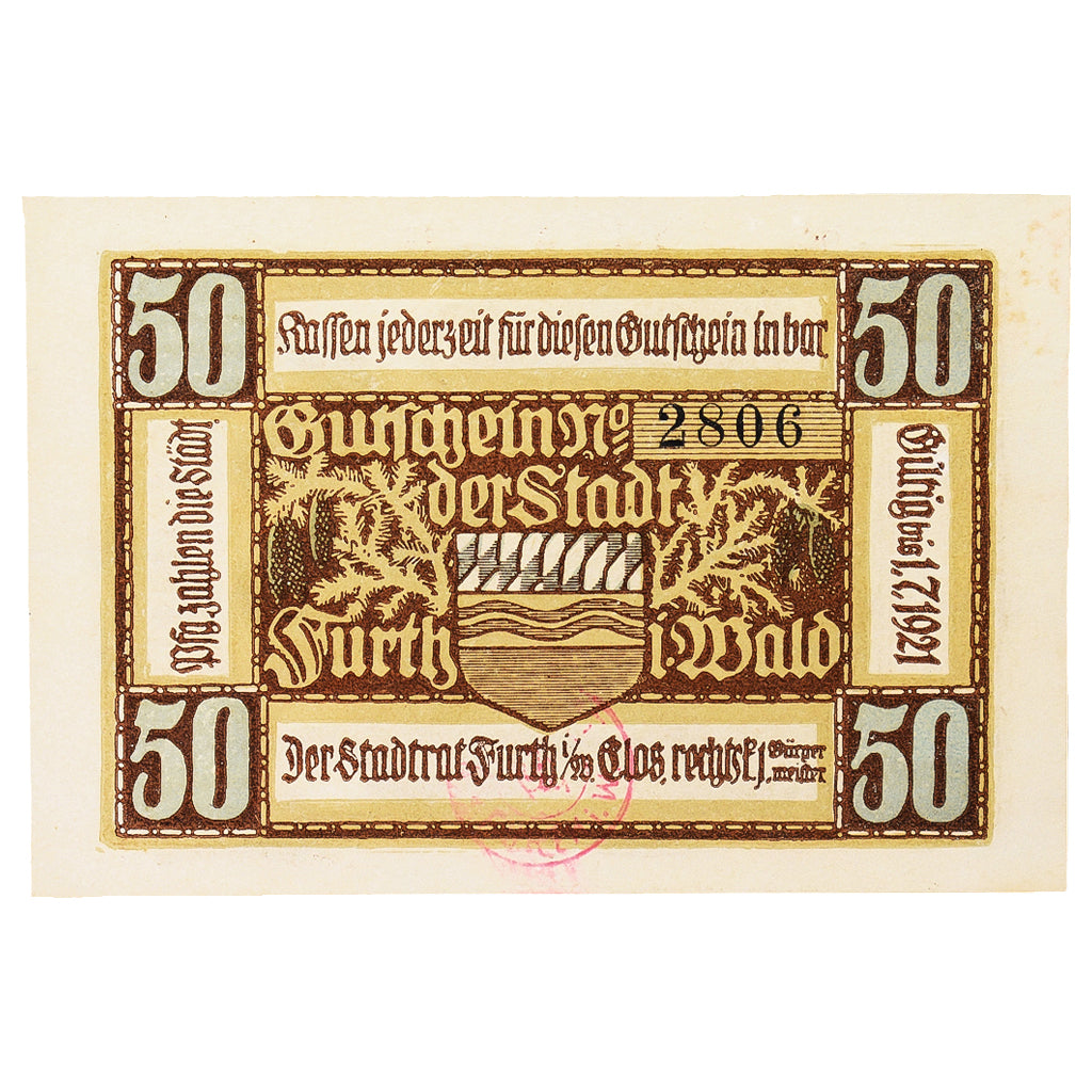 Banknote, Germany, Furth im Wald Stadt, 50 Pfennig, cavalier, 1921, 1921-07-01