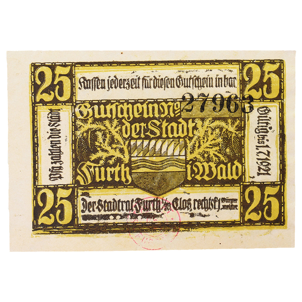 Banknote, Germany, Furth im Wald Stadt, 25 Pfennig, cavalier, 1921, 1921-07-01