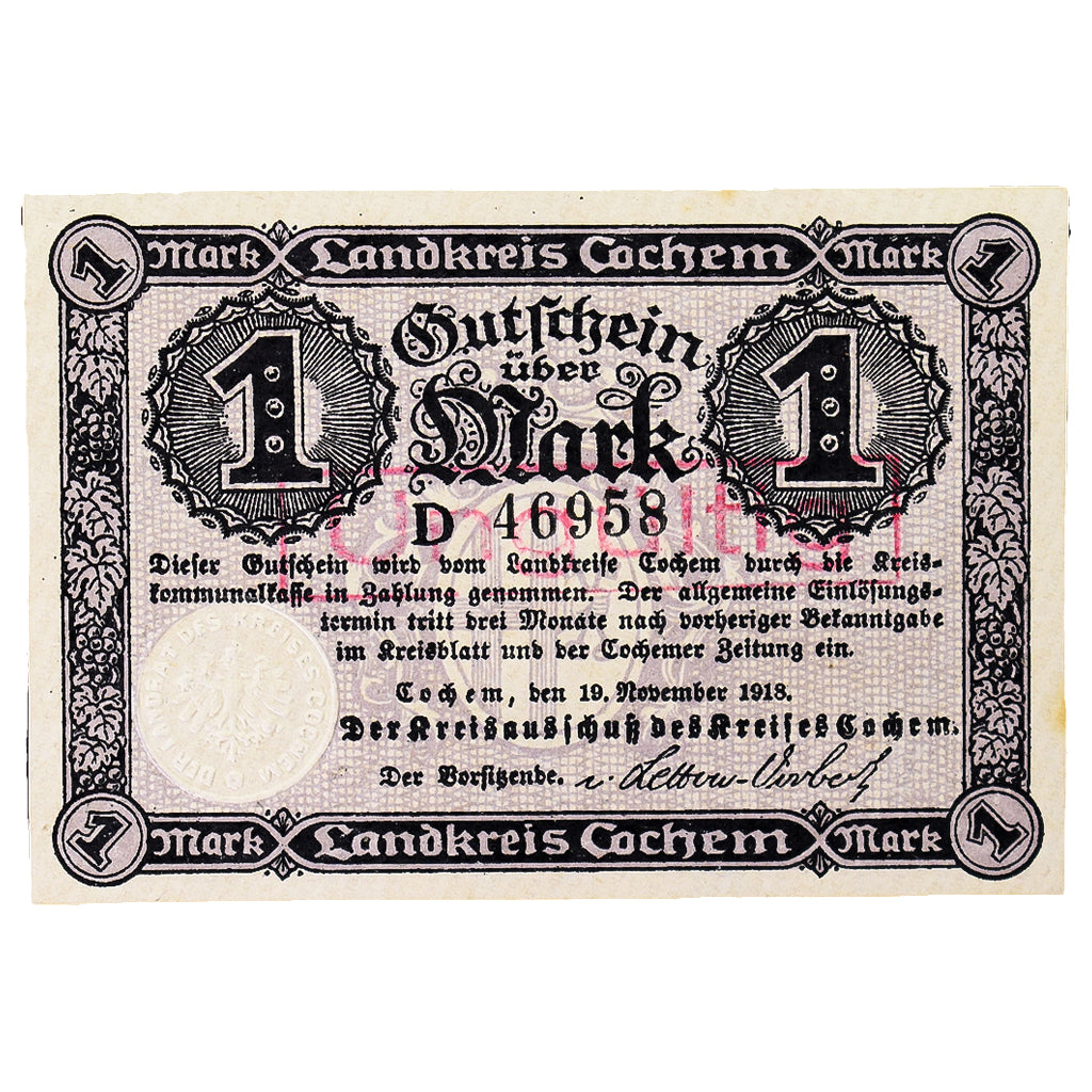 Banknote, Germany, Cochem Landkreis, 1 Mark, paysage 5, 1918, UNC(60-62)