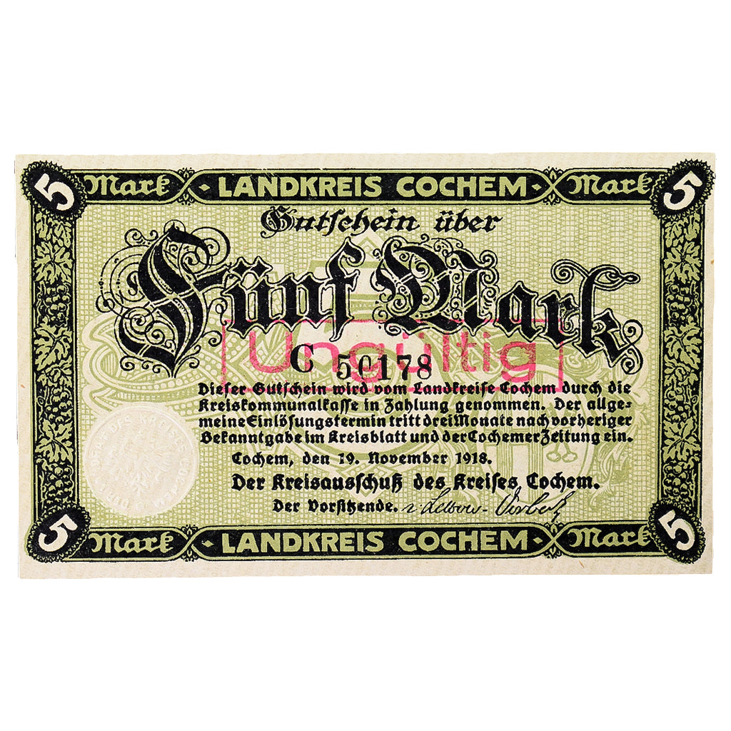 Banconote, Germania, Cochem Landkreis, 5 Mark, paysage 12, 1918, 1918-11-19