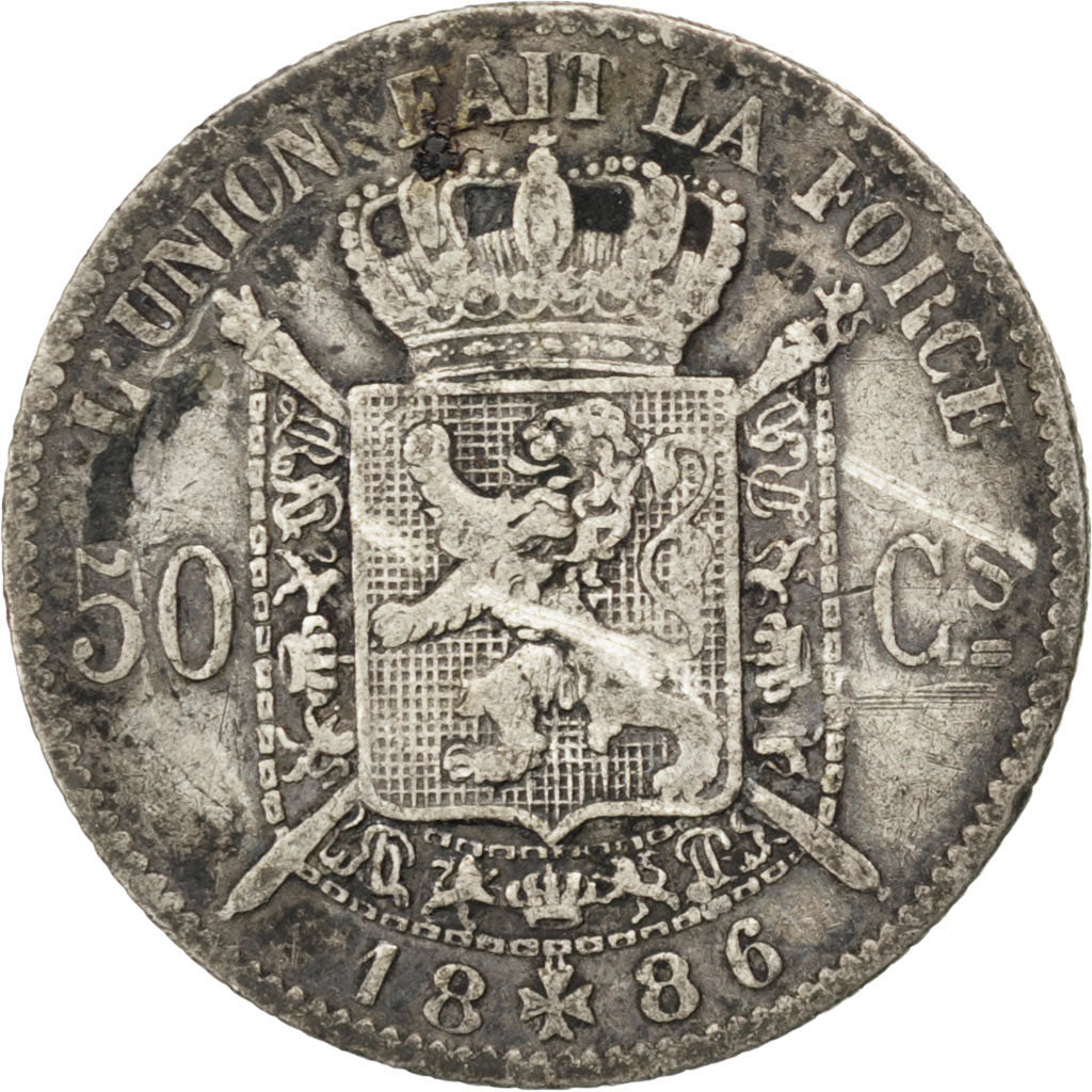 BELGIUM, 50 Centimes, 1886, KM #26, VF(30-35), Silver, 2.42
