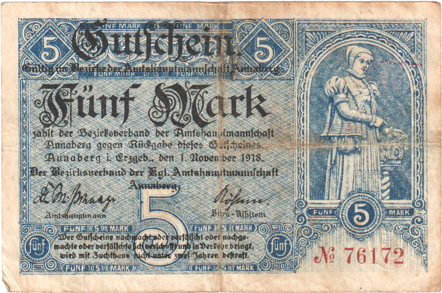Niemcy, Annaberg Amtshauptmannschaft, 5 Mark, 1918-11-01, AU(55-58)