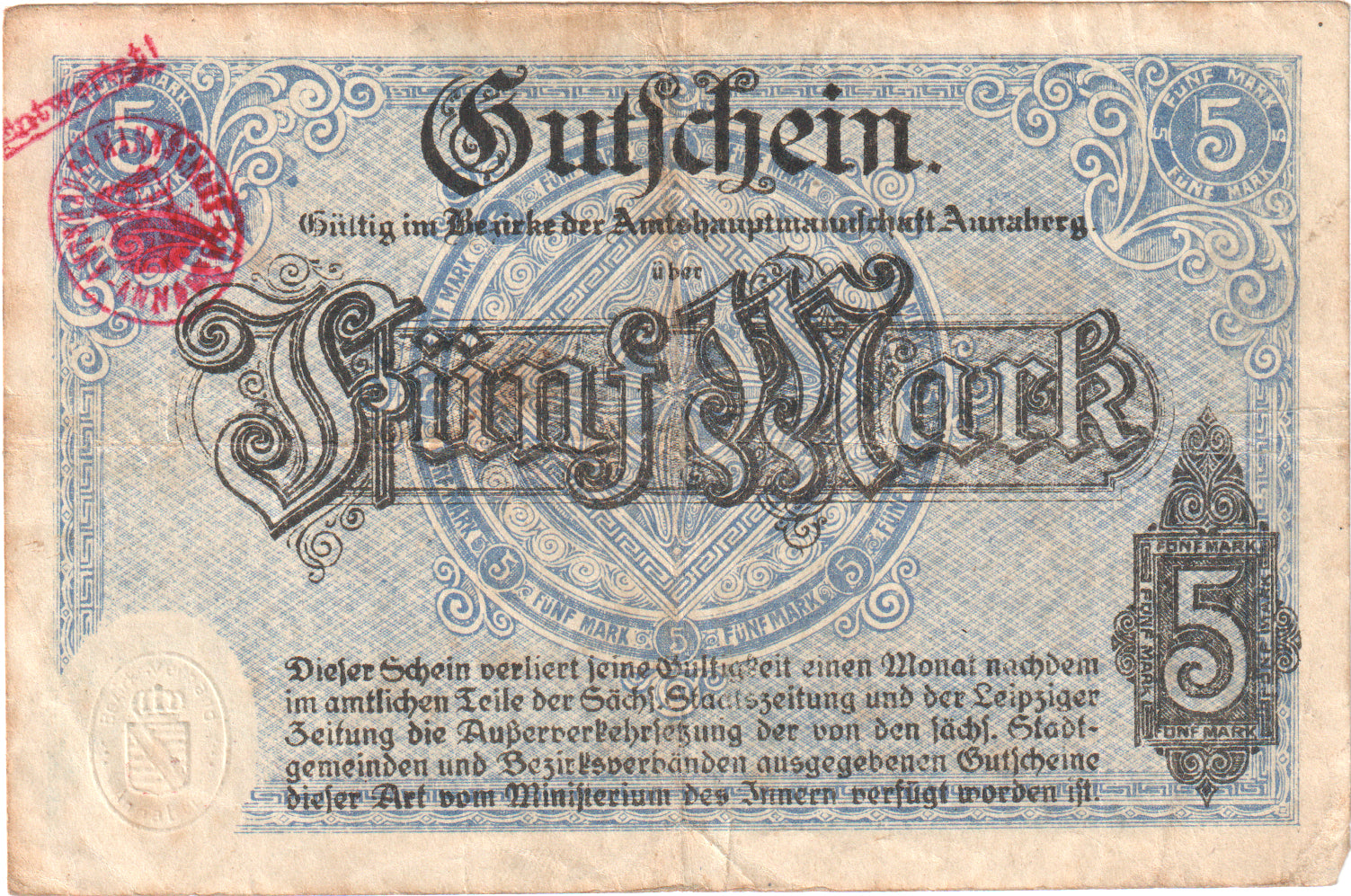 Niemcy, Annaberg Amtshauptmannschaft, 5 Mark, 1918-11-01, AU(55-58)