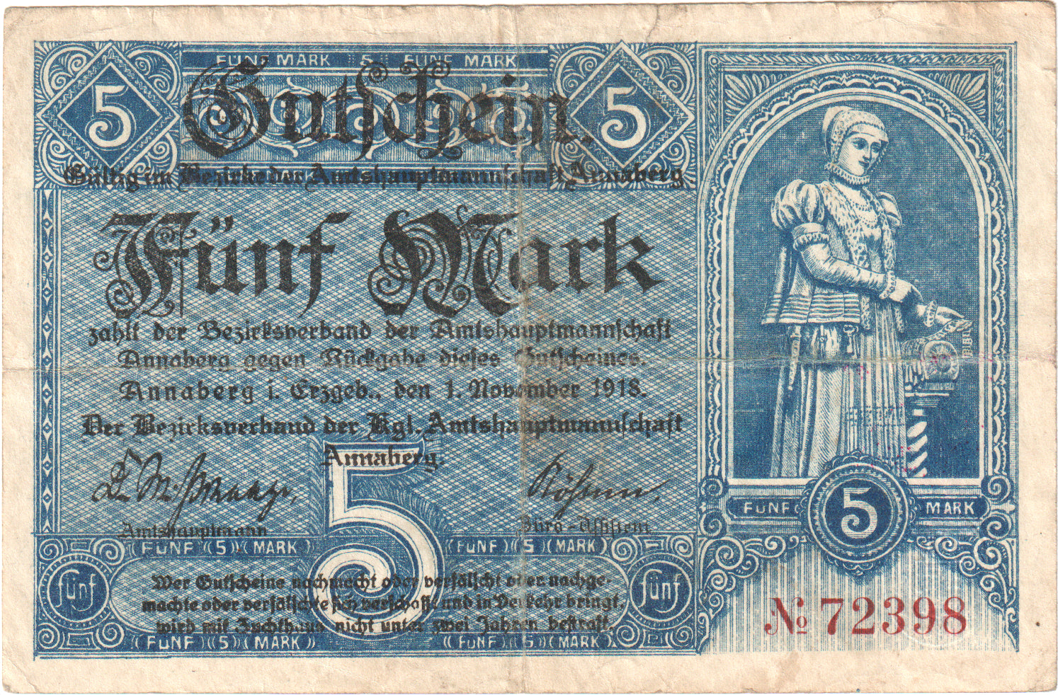 Deutschland, Annaberg Amtshauptmannschaft, 5 Mark, 1918-11-01, VZ