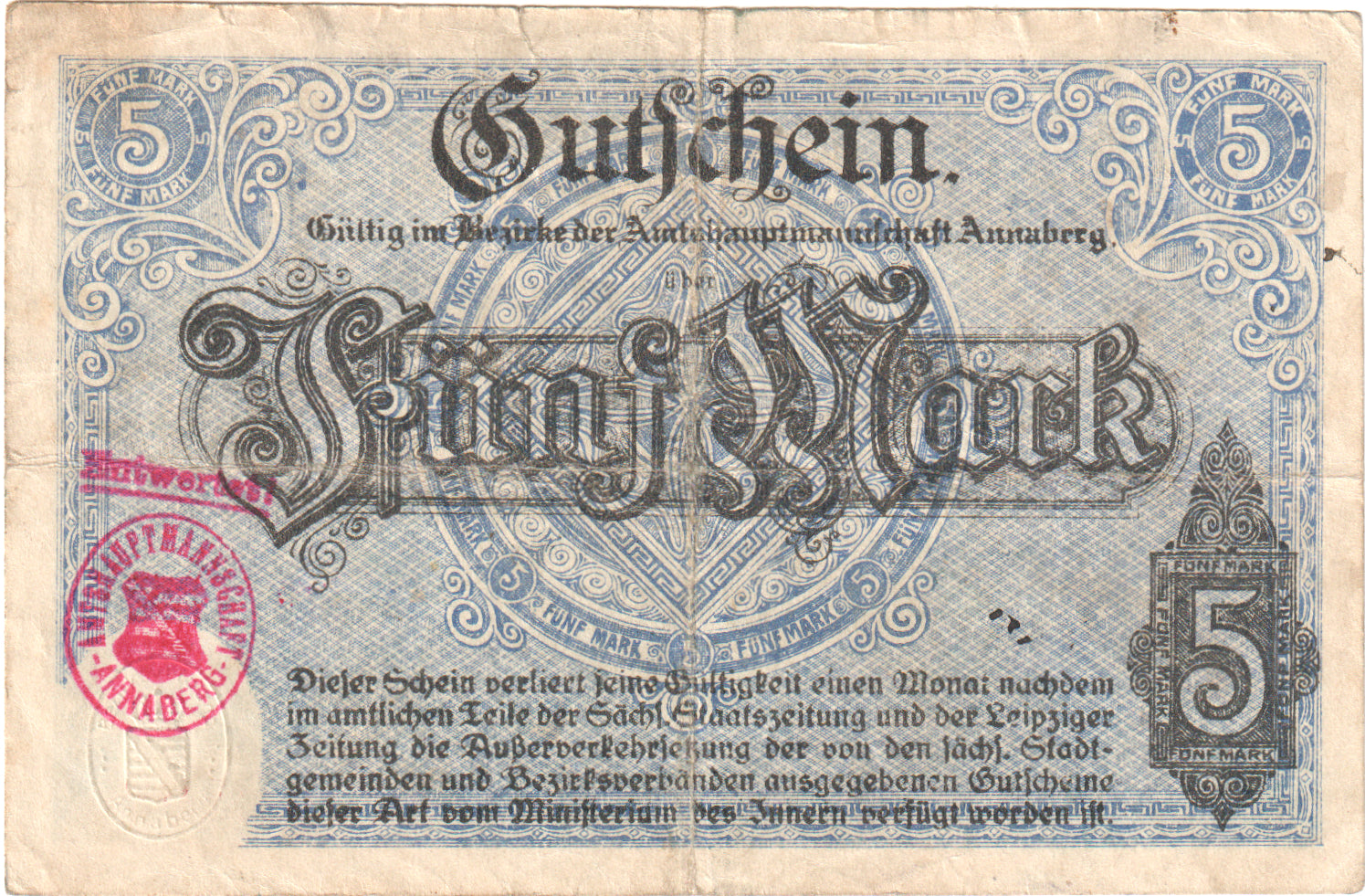 Deutschland, Annaberg Amtshauptmannschaft, 5 Mark, 1918-11-01, VZ