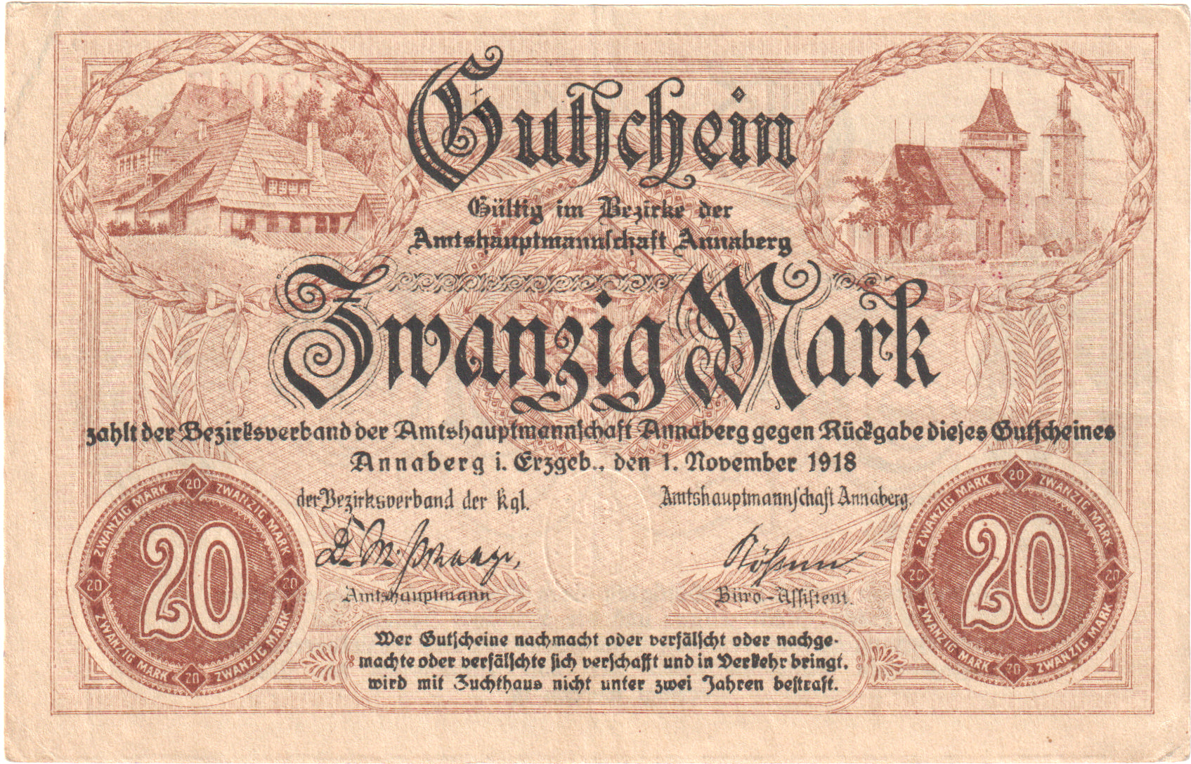 Germania, Annaberg Amtshauptmannschaft, 20 Mark, 1918-11-01, SPL