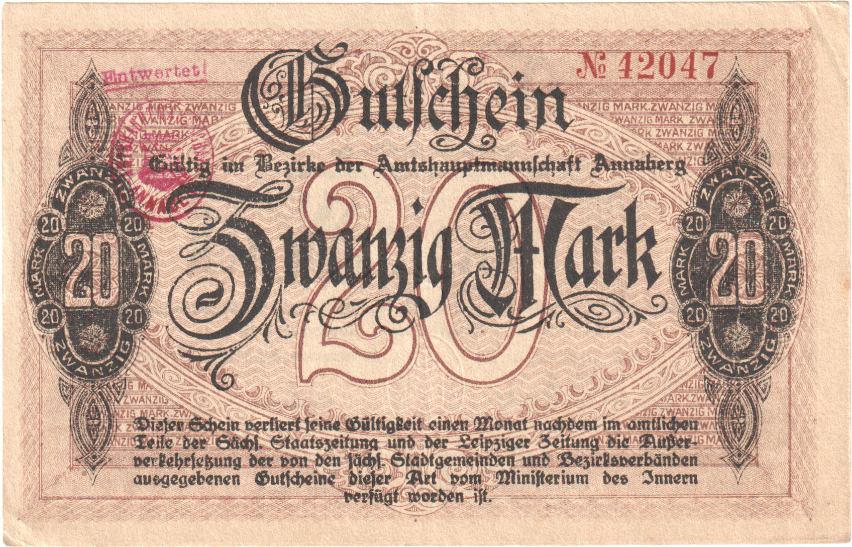 Germania, Annaberg Amtshauptmannschaft, 20 Mark, 1918-11-01, SPL