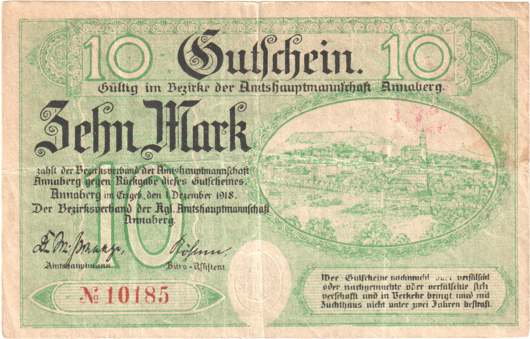 Deutschland, Annaberg Amtshauptmannschaft, 10 Mark, 1918-11-01, VZ+