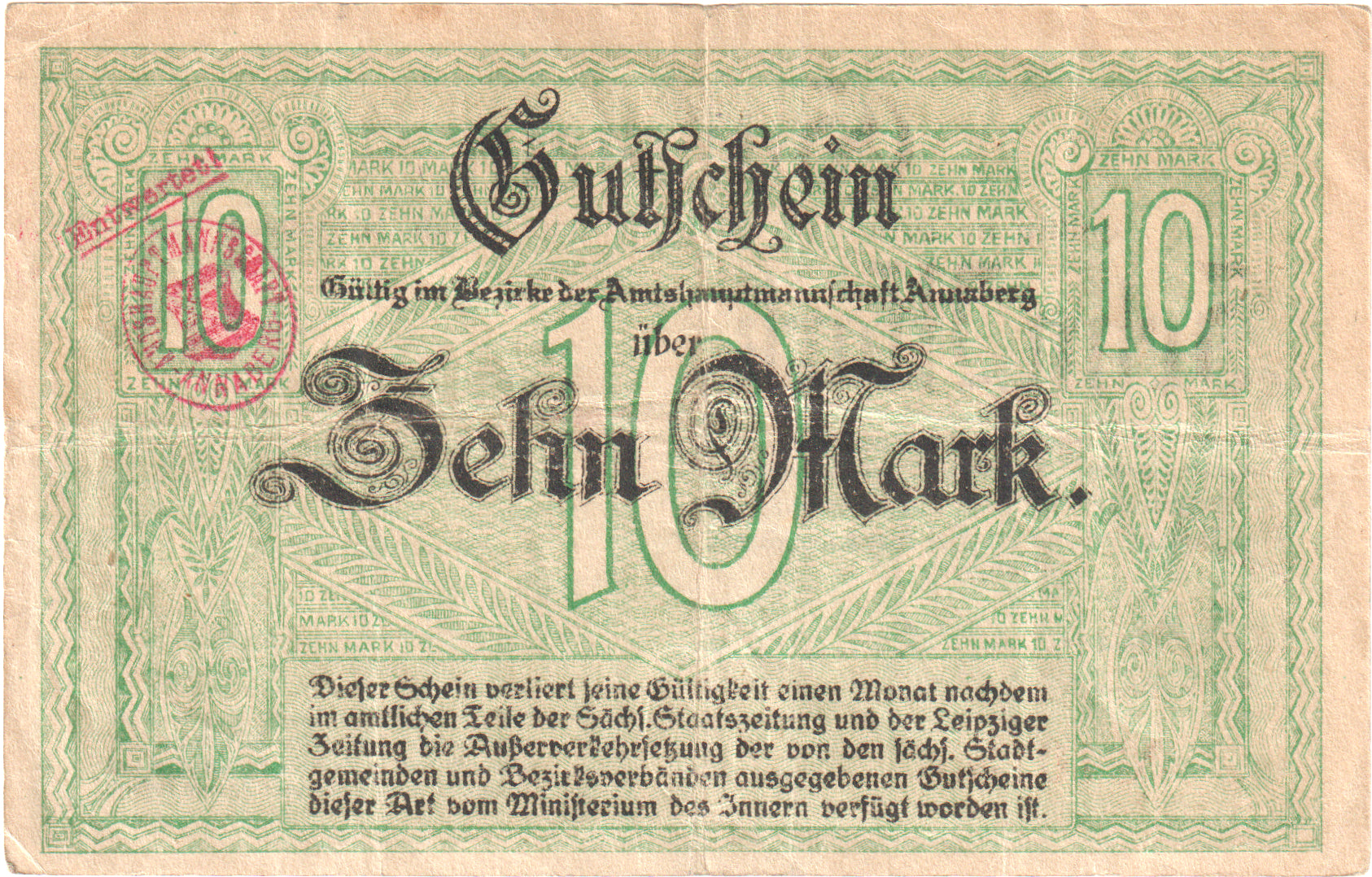 Deutschland, Annaberg Amtshauptmannschaft, 10 Mark, 1918-11-01, VZ+