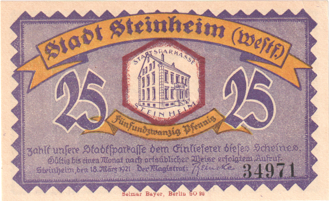 Banconote, Germania, Steinheim Stadt, 25 Pfennig, paysage, 1921, 1921-03-18