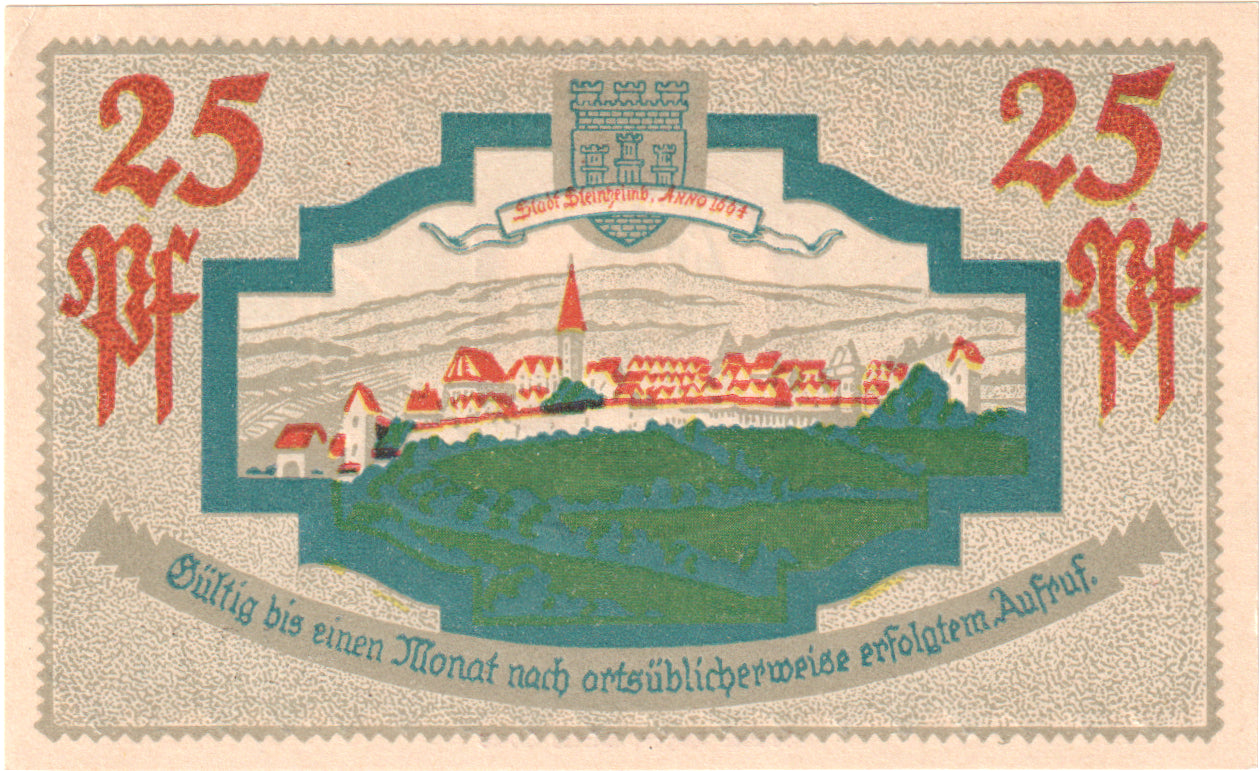 Banconote, Germania, Steinheim Stadt, 25 Pfennig, paysage, 1921, 1921-03-18