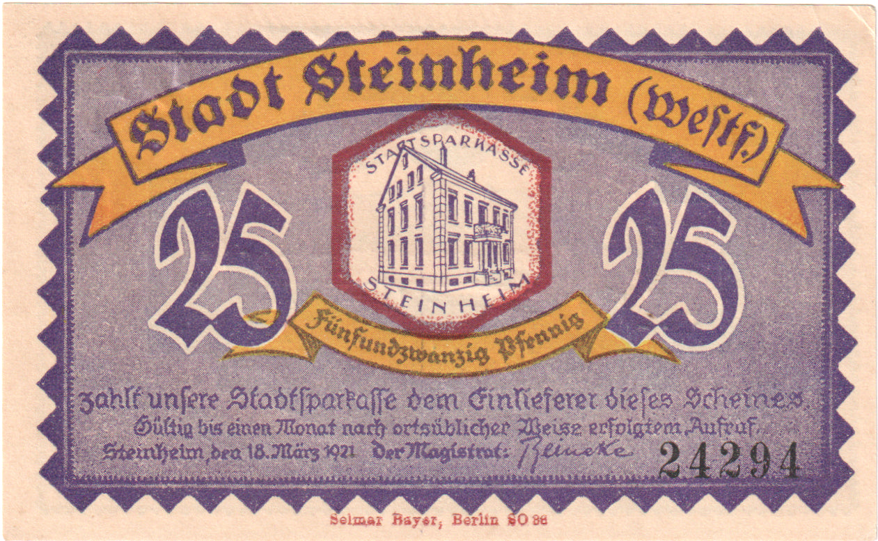 Geldschein, Deutschland, Steinheim Stadt, 25 Pfennig, paysage 1, 1921