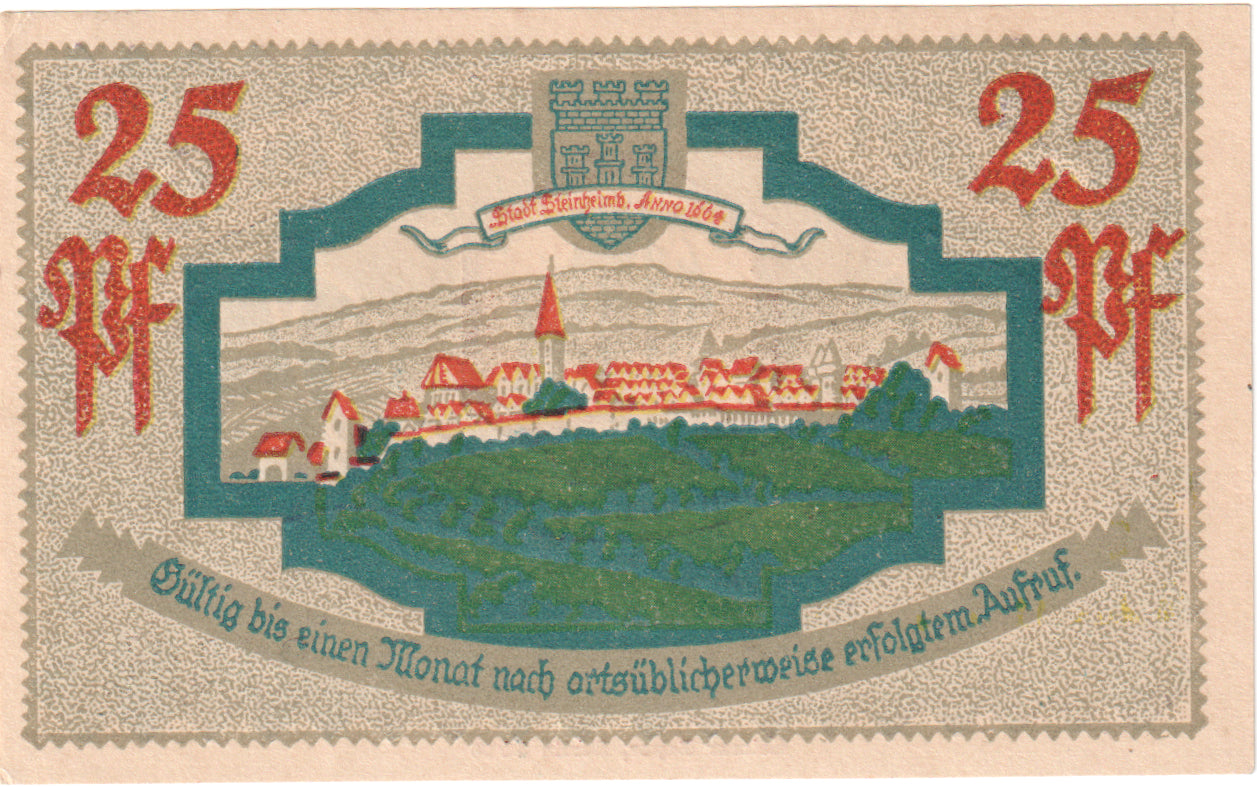 Geldschein, Deutschland, Steinheim Stadt, 25 Pfennig, paysage 1, 1921
