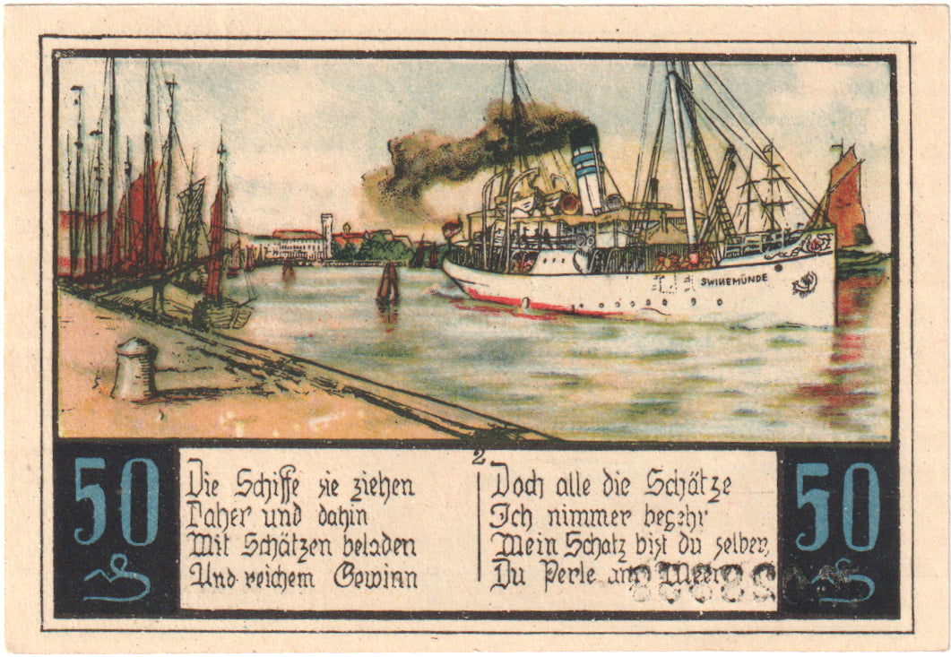 Nota, Alemanha, Swinemünde, 50 Pfennig, bateau, Undated (1922), UNC(65-70)
