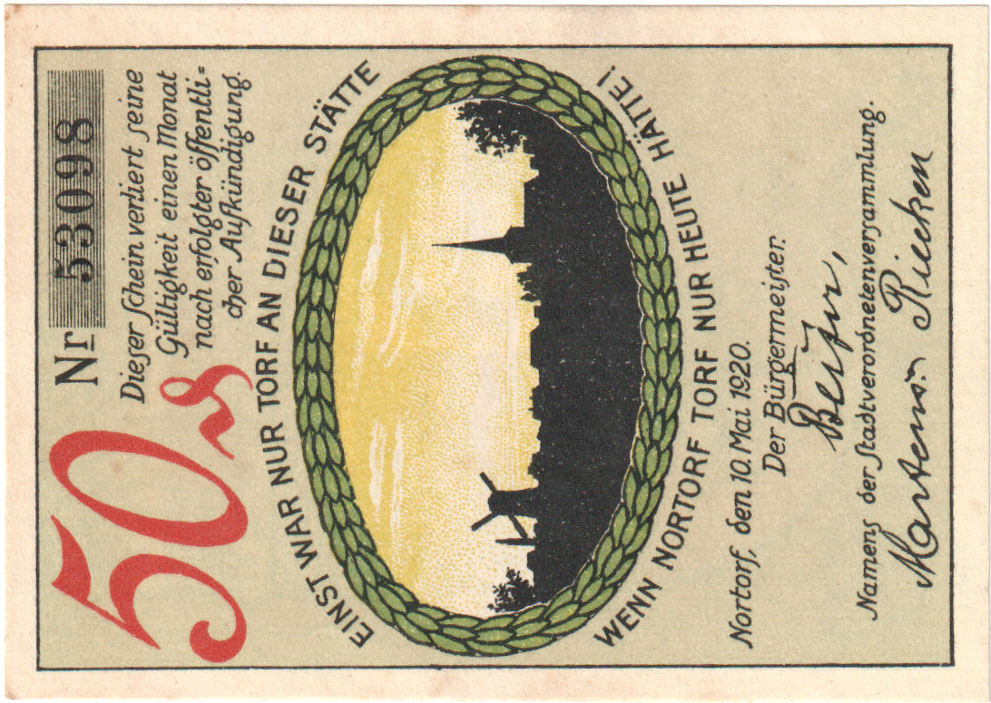 Banconote, Germania, Nortorf Stadt, 50 Pfennig, Blason, 1920, 1920-05-10, SPL