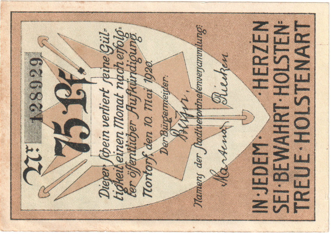 Banconote, Germania, Nortorf Stadt, 75 Pfennig, Blason, 1920, 1920-05-10, SPL