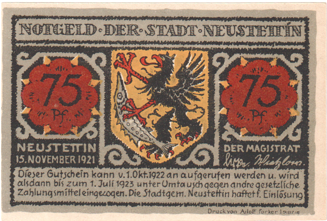 Banconote, Germania, Neustettin, 75 Pfennig, paysage, 1921, 1921-11-15, SPL