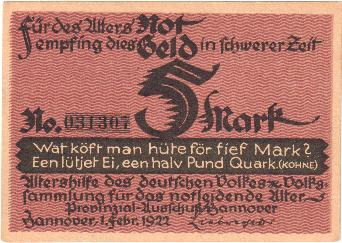 Banconote, Germania, Hannover, 5 Mark, personnage, 1922, 1922-02-01, FDS
