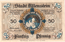 Geldschein, Deutschland, Allenstein Stadt, 50 Pfennig, Monument, 1921