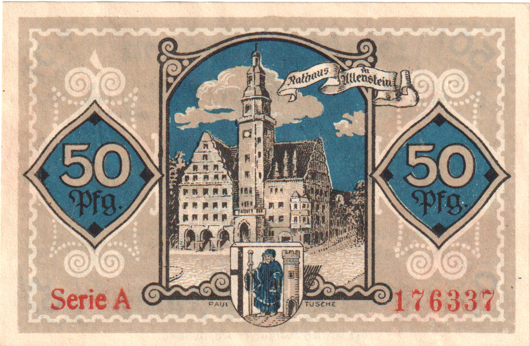 Geldschein, Deutschland, Allenstein Stadt, 50 Pfennig, Monument, 1921