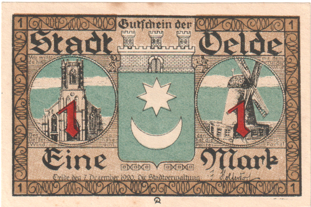 Banknote, Germany, Oelde, 1 Mark, Moulin 1, 1920, 1920-12-07, UNC(63)