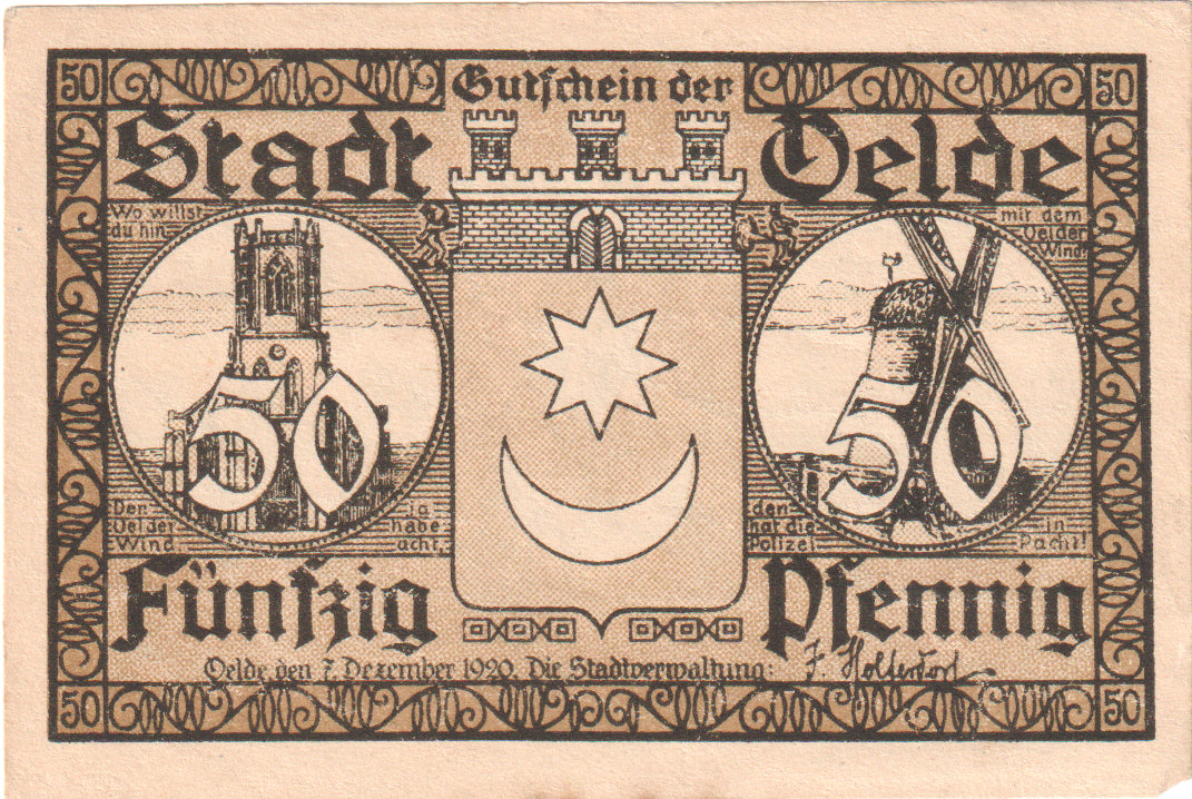 Billet, Allemagne, Oelde Stadt, 50 Pfennig, personnage, 1920, 1920-12-07, SUP+