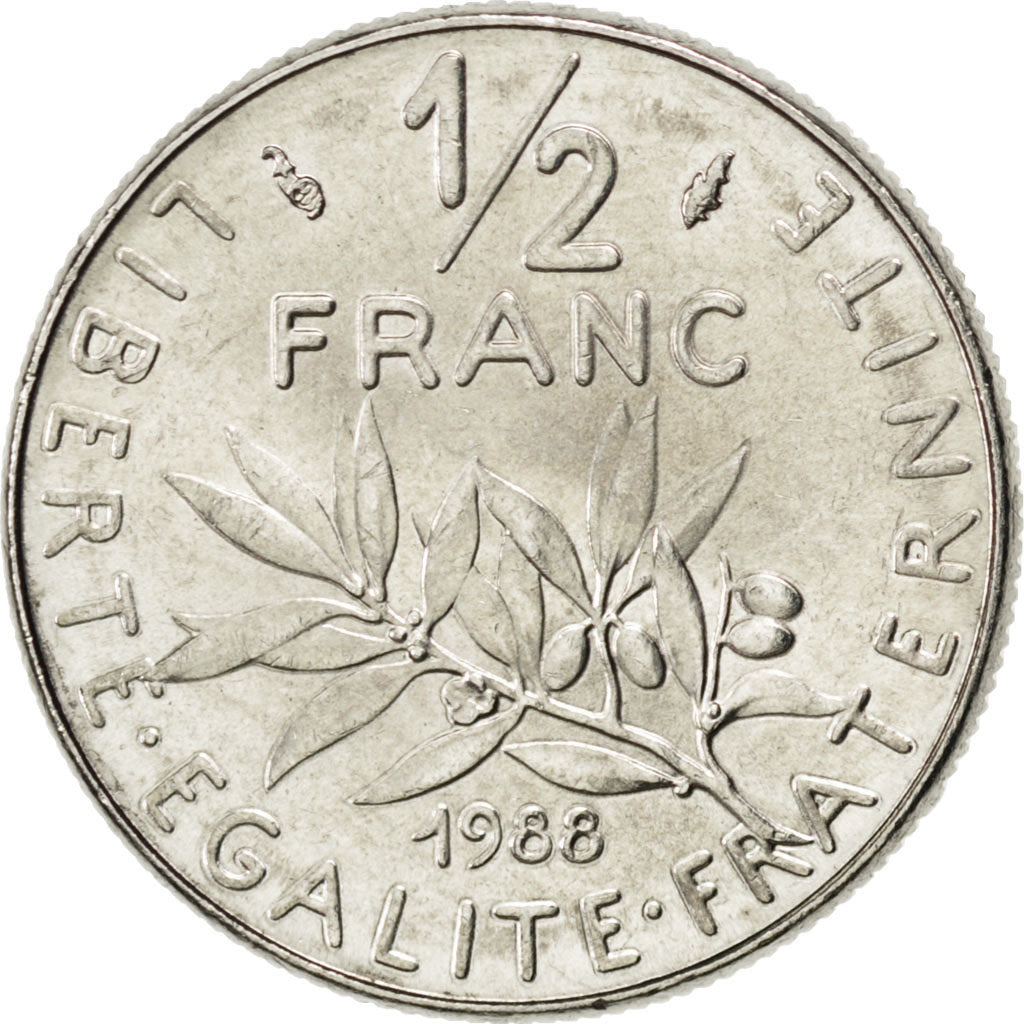FRANCE, Semeuse, 1/2 Franc, 1988, Paris, KM #931.1, MS(63), Nickel, 19.5,...