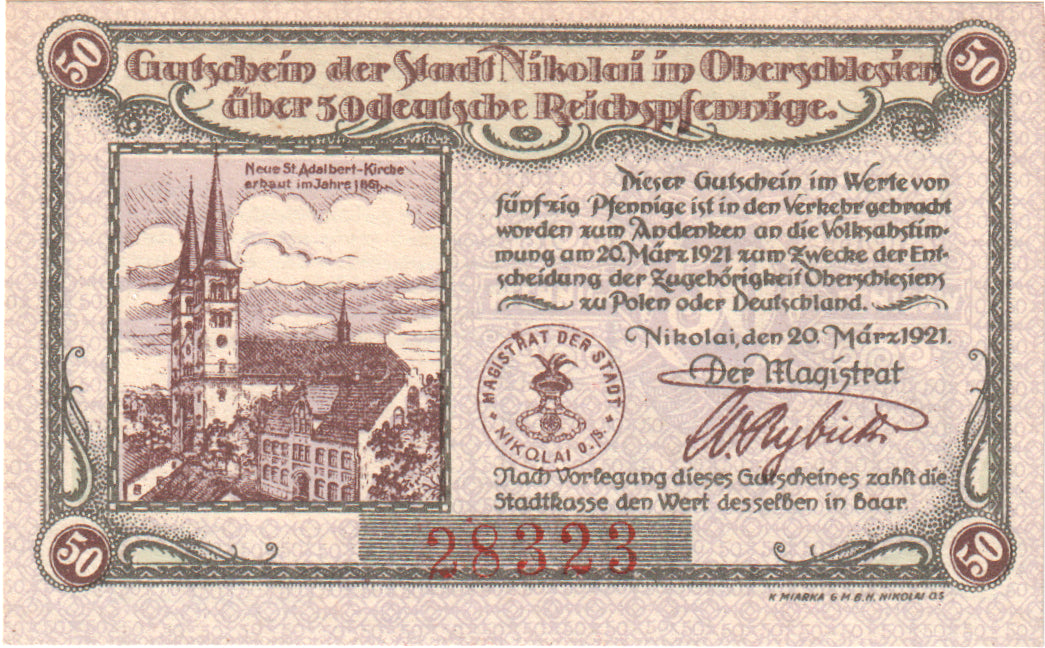 Billet, Allemagne, Nikolai Stadt, 50 Pfennig, Eglise, 1921, 1921-03-20, SUP+