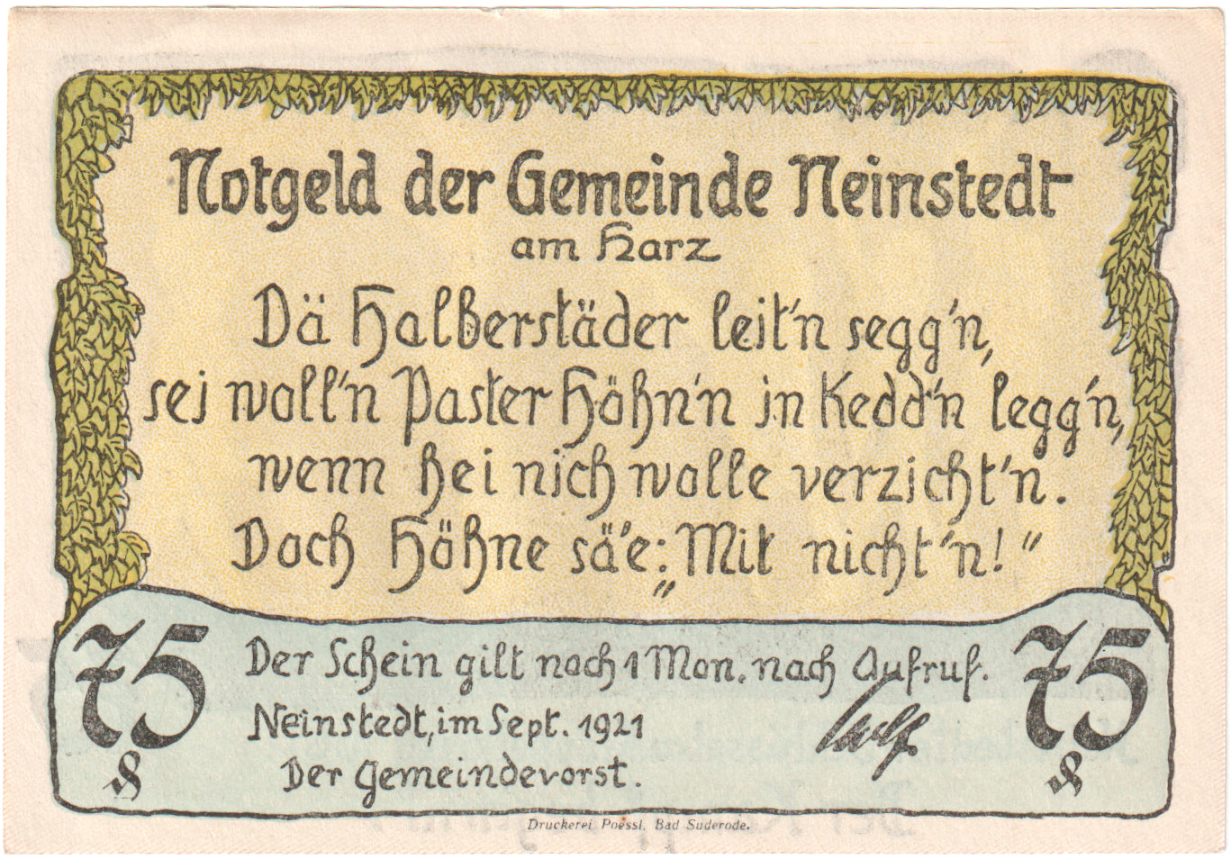 Banknote, Germany, Neinstedt, 75 Pfennig, personnage, 1921, 1921-09-01
