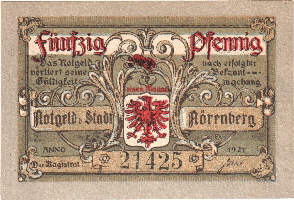 Banknote, Germany, Norenberg, 50 Pfennig, personnage, 1921, UNC(60-62)
