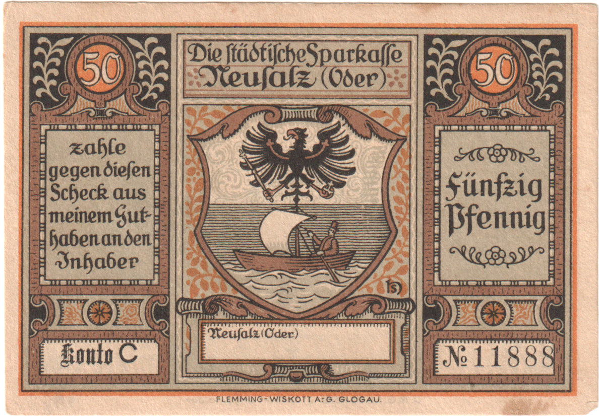 Banknote, Germany, Neusalz, 50 Pfennig, personnage, 1922, UNC(60-62), Mehl:960.1