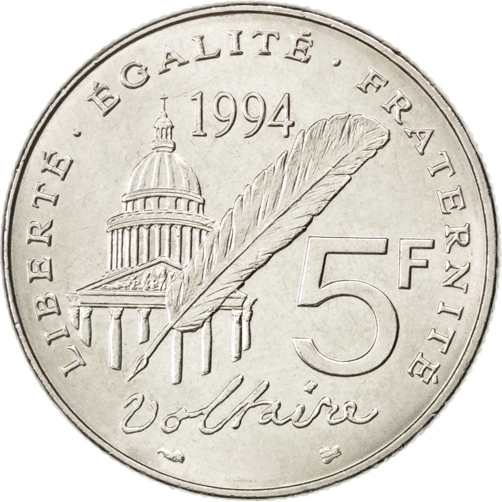 FRANCE, Voltaire, 5 Francs, 1994, Paris, KM #1063, MS(63), Nickel, 29, Gadoury..