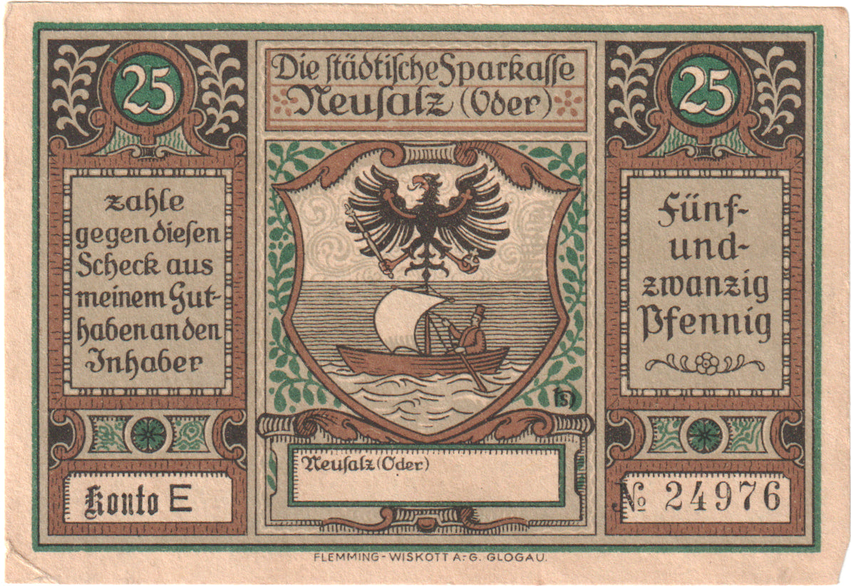 Banknote, Germany, Neusalz, 25 Pfennig, personnage, 1922, UNC(60-62), Mehl:960.1