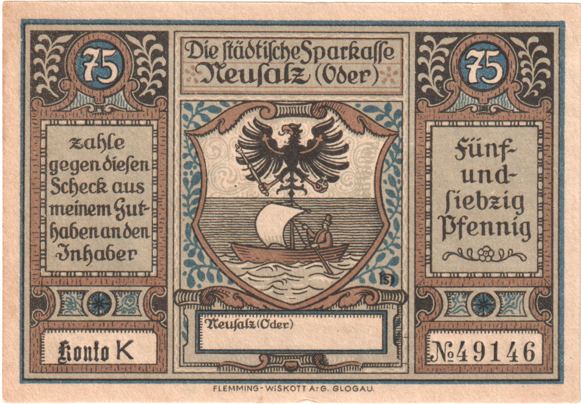 Banconote, Germania, Neusalz, 75 Pfennig, personnage, 1922, SPL, Mehl:960.1