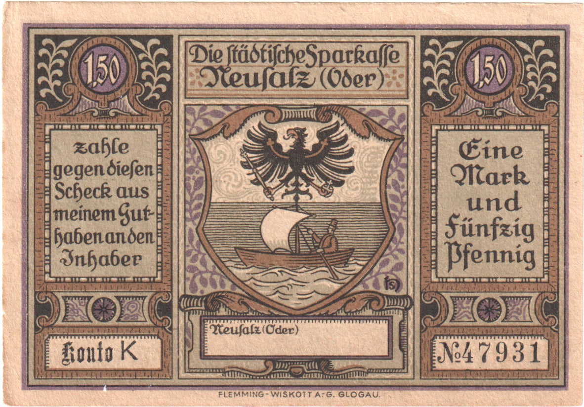 Banknote, Germany, Neusalz, 1.5 Mark, personnage, 1922, UNC(60-62), Mehl:960.1