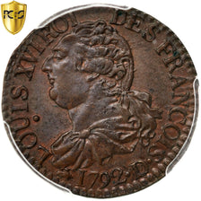 FRANCE, 3 deniers françois, 3 Deniers, Liard, 1792, Lyon, KM #608.1, graded, P..