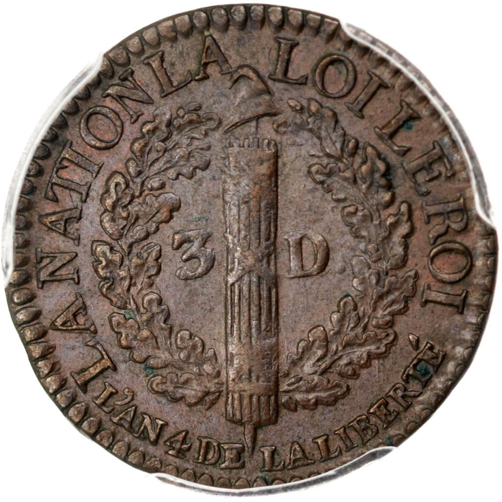 FRANCE, 3 deniers françois, 3 Deniers, Liard, 1792, Lyon, KM #608.1, graded, P..