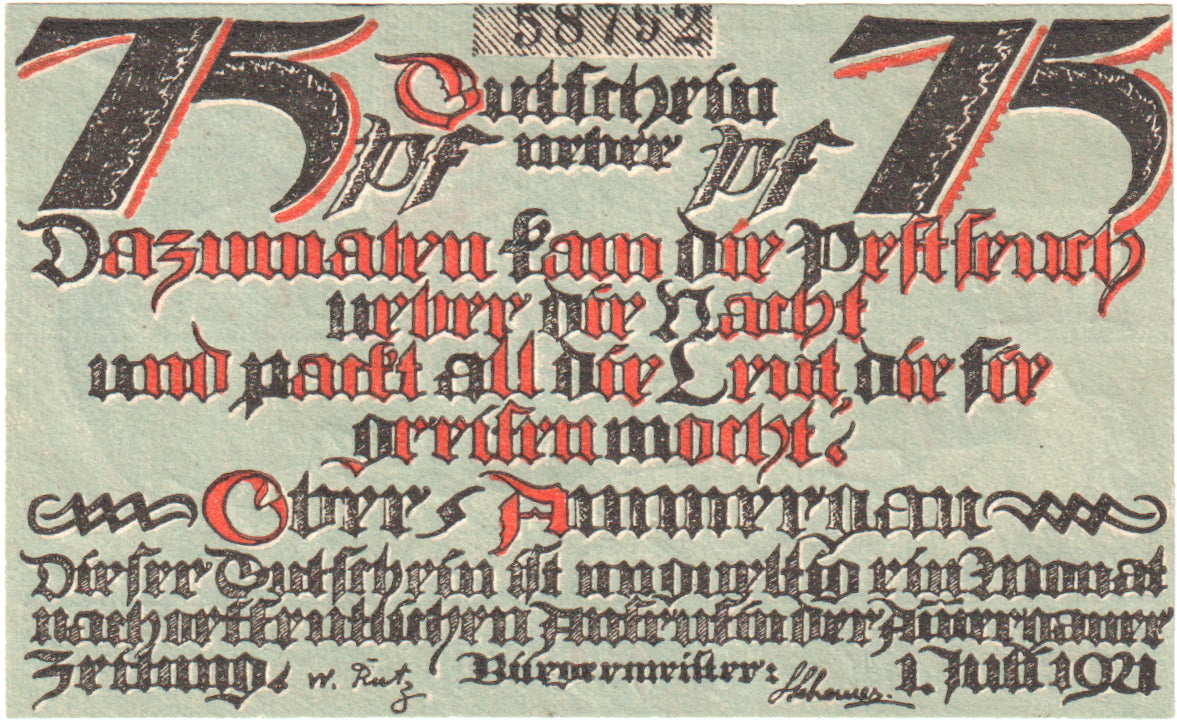 Banknote, Germany, Oberammergau Gemeinde, 75 Pfennig, squelette 1, 1921