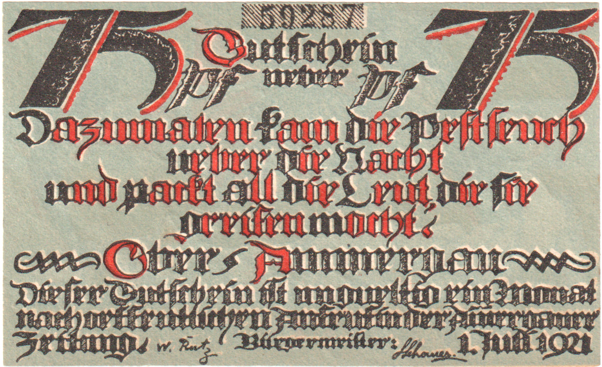 Banknote, Germany, Oberammergau Gemeinde, 75 Pfennig, squelette 5, 1921