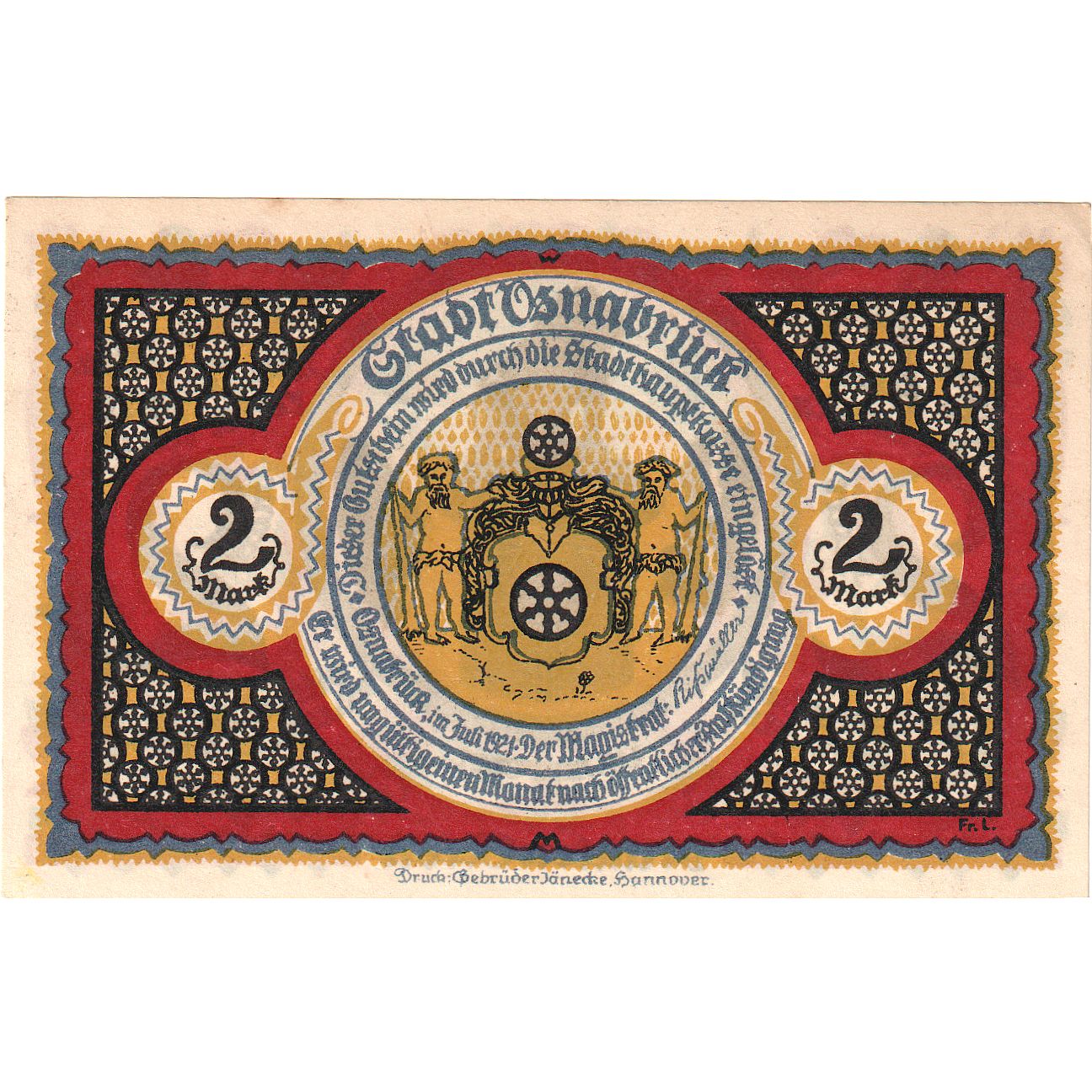 Banknote, Germany, Osnabruck, 2 Mark, monument 1, 1921, UNC(63), Mehl:1032.1