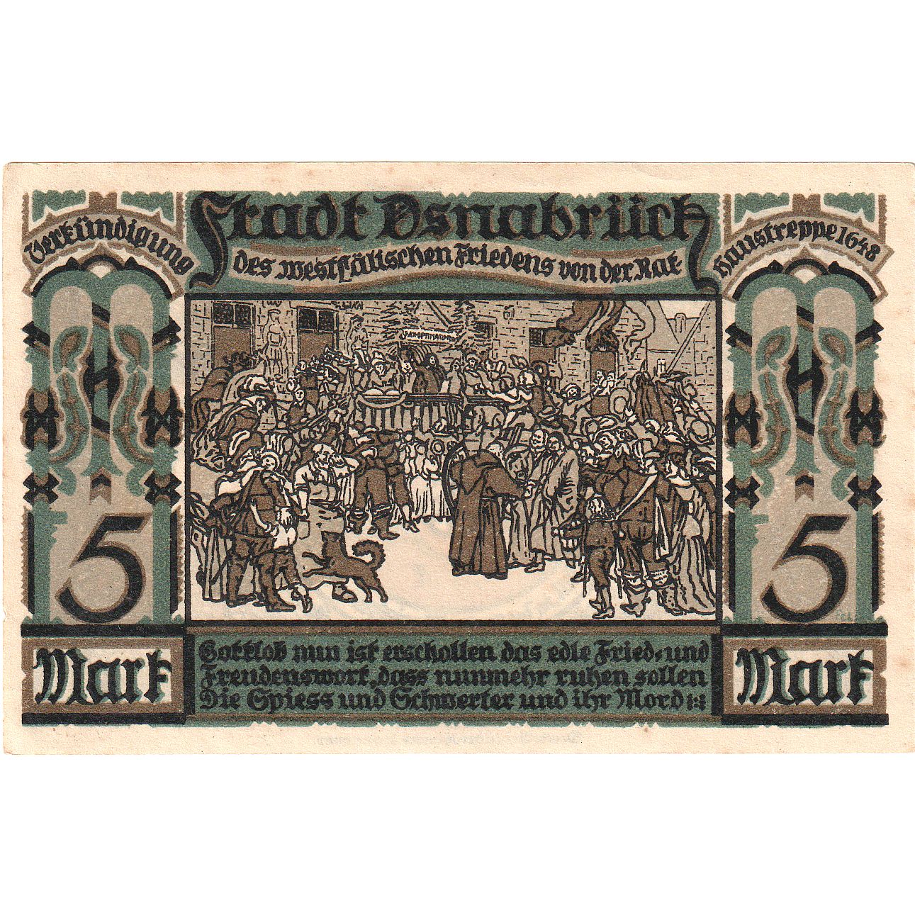 Banknote, Germany, Osnabruck, 5 Mark, personnage 1, 1921, UNC(63), Mehl:1032.1