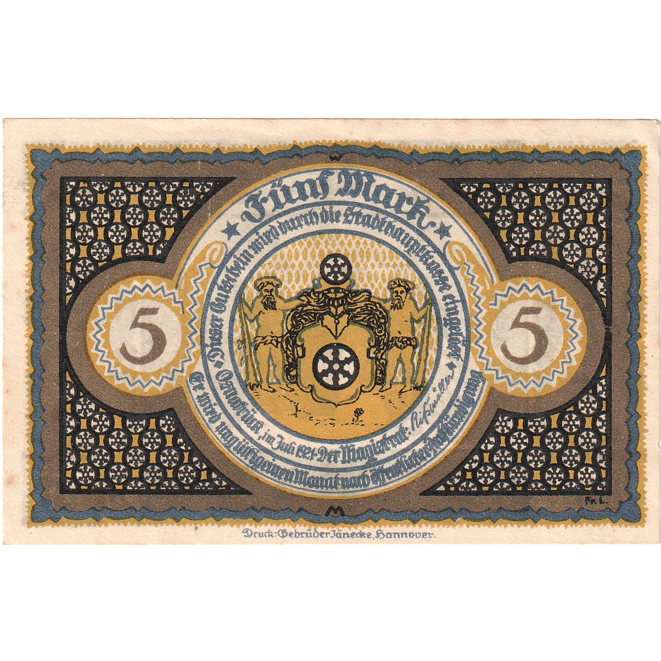 Banknote, Germany, Osnabruck, 5 Mark, personnage 1, 1921, UNC(63), Mehl:1032.1
