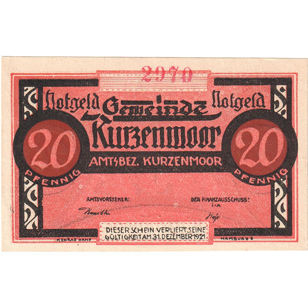 Banknote, Germany, Kurzenmoor, 20 Pfennig, boxeur, 1921, 1921-12-31, UNC(63)