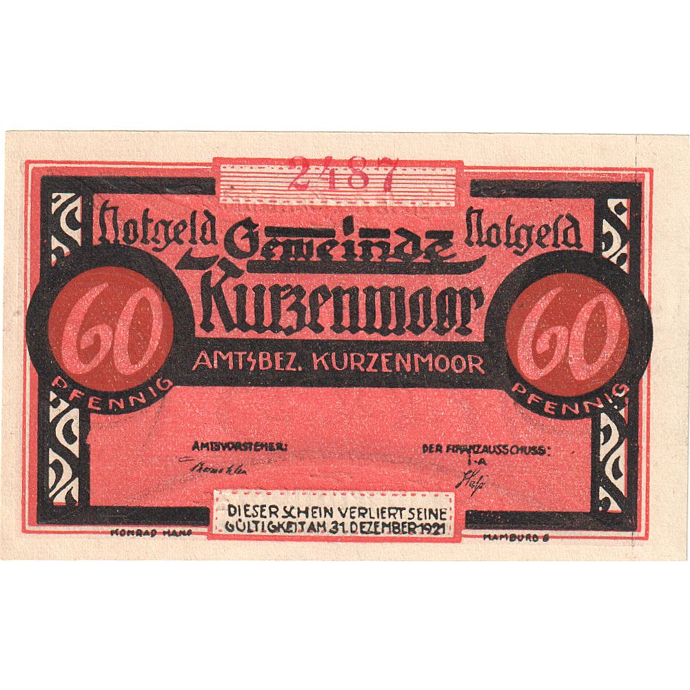 Geldschein, Deutschland, Kurzenmoor, 60 Pfennig, lutteur, 1921, 1921-12-31
