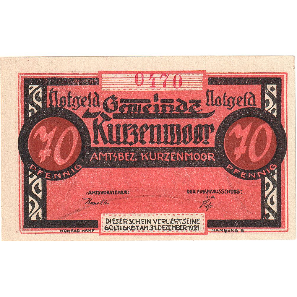 Banknote, Germany, Kurzenmoor, 70 Pfennig, tennis, 1921, 1921-12-31, UNC(63)